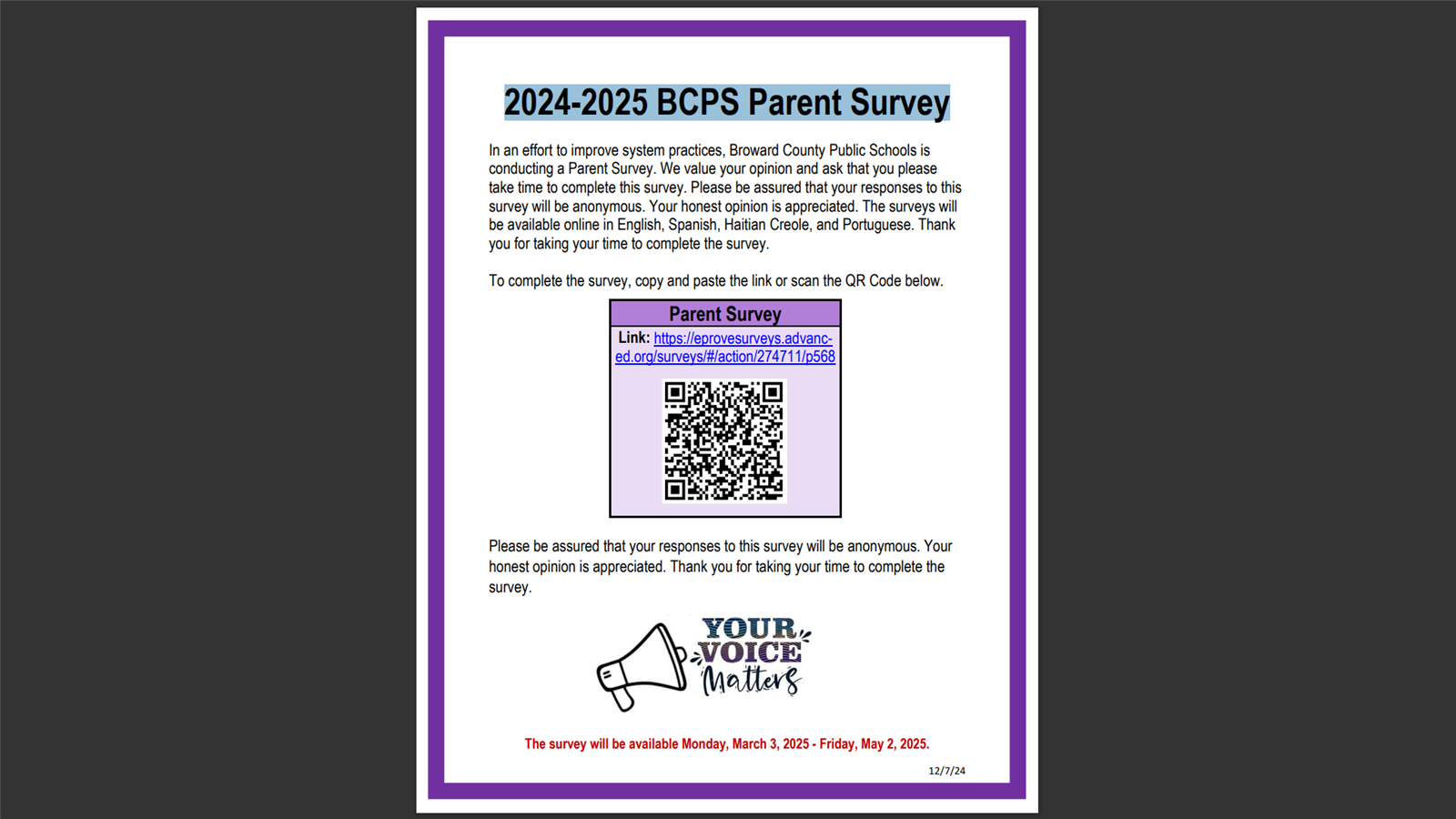 2024-2025 BCPS Parent Survey